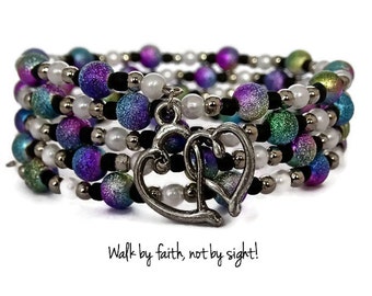 Blue, Purple, and Green Stardust Beaded Bracelet~Memory Wire Wrap Bracelet