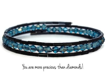 Blue and Black Memory Wire Bracelet~Austrian Crystal~Tube Beads~Beaded Jewelry~Women's Bracelet~Holy Fire Designs~Gift For Her