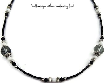 White Black and Silver Chunky Beaded Necklace~Painted Glass Beads~Black Tube Beads