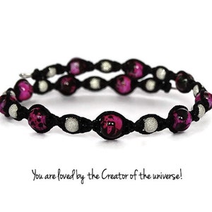 Pink Black and Silver Beaded Spiral Macrame Bracelet