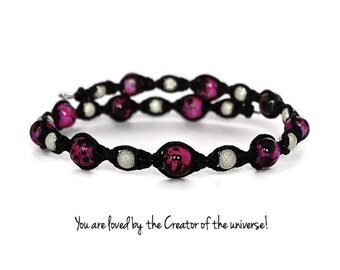 Pink Black and Silver Beaded Spiral Macrame Bracelet