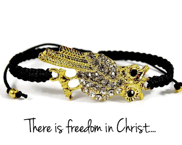 Gold Owl Shamballa Bracelet~Owl Bracelet~Owl Jewelry~Macrame Bracelet~Braided Bracelet~Christian Jew