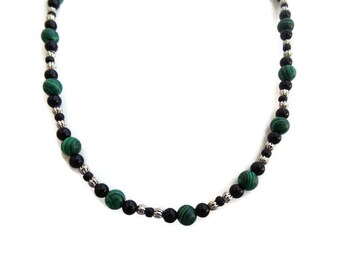 Malachite and Black Onyx Beaded Women's Stone Necklace~Agate Stone Jewelry~Agate Stone Beads~Blessed Jewelry~Unique Women's Necklace