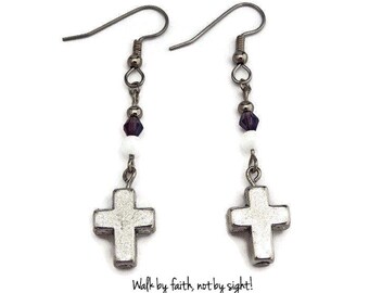 Silver Cross Earrings~Christian Earrings~Black~Purple and White~Sterling Silver Dangle Earrings~Stone Earrings