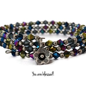 Iridescent Austrian Crystal Memory Wire Wrap Bracelet With Flower Charm
