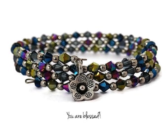 Iridescent Austrian Crystal Memory Wire Wrap Bracelet With Flower Charm