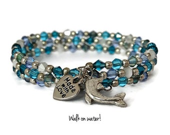 Blue and Green Ocean Themed Memory Wire Wrap Bracelet~Austrian Crystal and Dolphin Charm