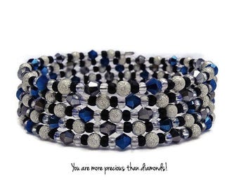Beaded Memory Wire Wrap Bracelet~Blue Black and Silver~Crystal Bracelet~Beaded Cuff Bracelet