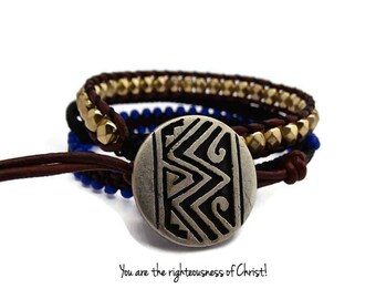 Women's Wrap Bracelet~Gold Blue Brown Bracelet~Aztec Accent~Leather Wrap Bracelet~Macrame Wrap Bracelet~Unique Women's Jewelry