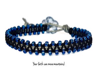 Leather Macrame Bracelet~Stacking Bracelet~Blue and Silver~Braided Bracelet~Gift For Her~Blessed Bracelet~Womens Bracelet~Christian Jewelry