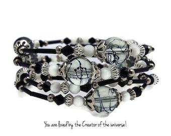 Black and Silver Beaded Memory Wire Wrap Bracelet~Painted Glass Beads~Beaded Cuff Bracelet