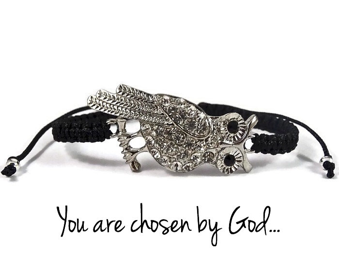 Silver Rhinestone Owl Macrame Bracelet~Gift For Her~Owl Jewelry~Crystal Rhinestone Bracelet~Christia