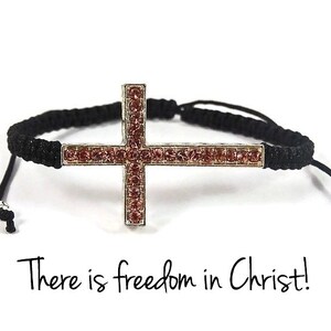 Silver Cross with Pink Crystal Pave Bracelet, Macrame Cross Bracelet, Cross Jewelry, Christian Jewelry, Christian Bracelet, Blessed Jewelry