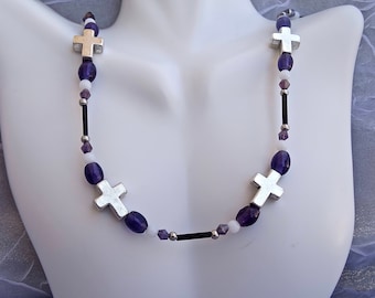 Silver Cross Necklace Women~Beaded Necklace~Purple and White Necklace~Christian Necklace~Christian Jewelry~Women's Necklace~Women's Jewelry
