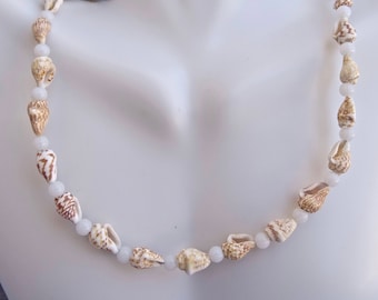 Brown and White Shell and Stone Women's Necklace~Agate Stone Jewelry~Shell Jewelry~Handmade Beaded Necklace