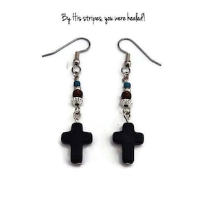Black Cross Earrings~Christian Earrings~Black~Green~Silver~Brown~Sterling Silver Dangle Earrings