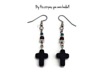 Black Cross Earrings~Christian Earrings~Black~Green~Silver~Brown~Sterling Silver Dangle Earrings