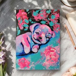 Neon Puppy Original Acrylic Painting – Textured Impasto Animal Art, Vaporwave Puppy Canvas Print