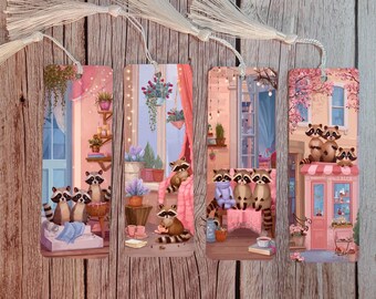 Raccoon Bookmarks Set of 4 - Cottagecore Animal Reading Gift