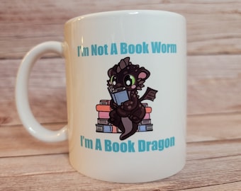 Adorable Book Dragon 11 oz Ceramic Coffee Mug - Handmade Coffee Mug, Dragon Coffee Cup, Book lover gift