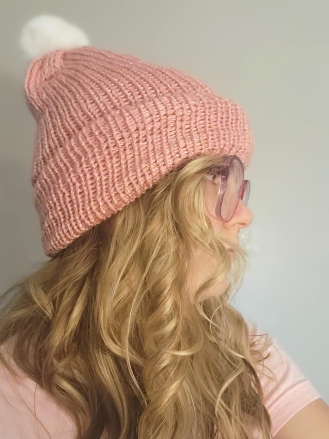 Handmade Pink Knit Beanie: Double Layer Winter Hat With Pom  display picture 2