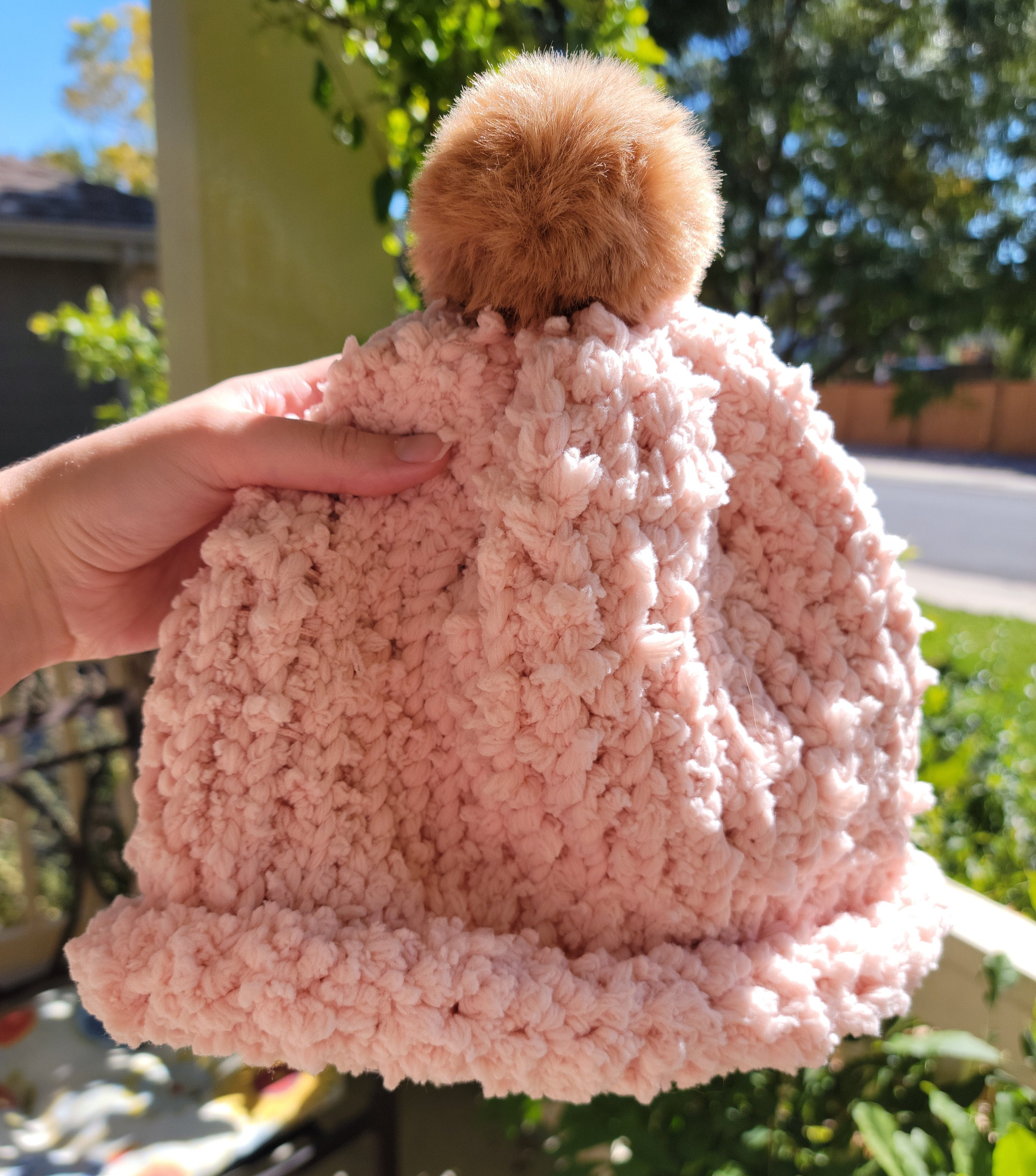 Hand-knit Pink Winter Beanie With Faux Pom Pom - Etsy display picture 1