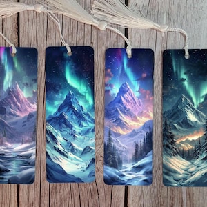 Aurora Borealis Metal one-sided Bookmarks with Tassels - Northern Lights Mountain Scene Reading Gifts