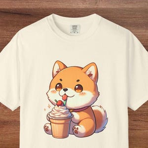 Cute Shiba Inu T-Shirt, Cartoon Dog Tee, Gift for Animal Lovers, Casual Wear, Summer Top, Coffee Lover Shirt, Comfort Colors