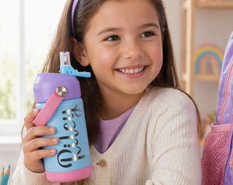 Personalized Daycare Water Bottle with Name, Spill Proof Kids School Bottle, Engraved Stainless Steel Toddler Cup, Preschool Label Bottle