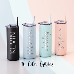 Soft Finish Personalized Skinny Tumbler With Straw, Engraved 20oz Soft Tumbler, Bridesmaid Gift Bag, Bachelorette Party Favor, Matte Tumbler