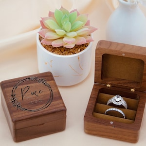 Personalized Walnut Wedding Ring Box, Custom Double Ring Holder