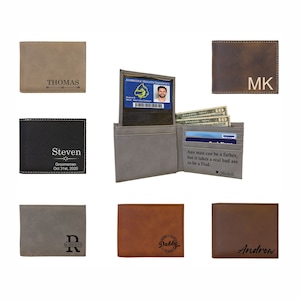 Cartera para hombre, cartera vegana minimalista personalizada, regalo de padrinos para él, regalo de aniversario para papá, cartera grabada, cartera delgada