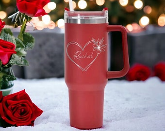 Personalized 40oz Tumbler With Handle, Lid and Straw, Stainless Steel Engraved Valentine Tumbler, Gift for Her, Valentines day gift