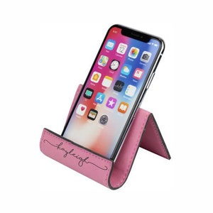 Leather phone stand for desk, personalized iphone holder, tablet stand in multiple colors. Engraved ipad gift for her, iphone stand