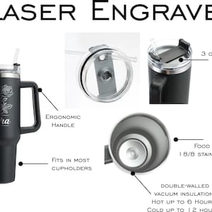 May include: Black laser-engraved tumbler with a floral design and the name "Trisha." Features an ergonomic handle, a 3-option spin lid, and double-walled vacuum insulation. Made of food-grade stainless steel. Keeps drinks hot for up to 6 hours and cold for up to 12 hours.