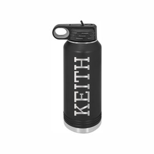 Black Water Bottle engraved with Sports font.