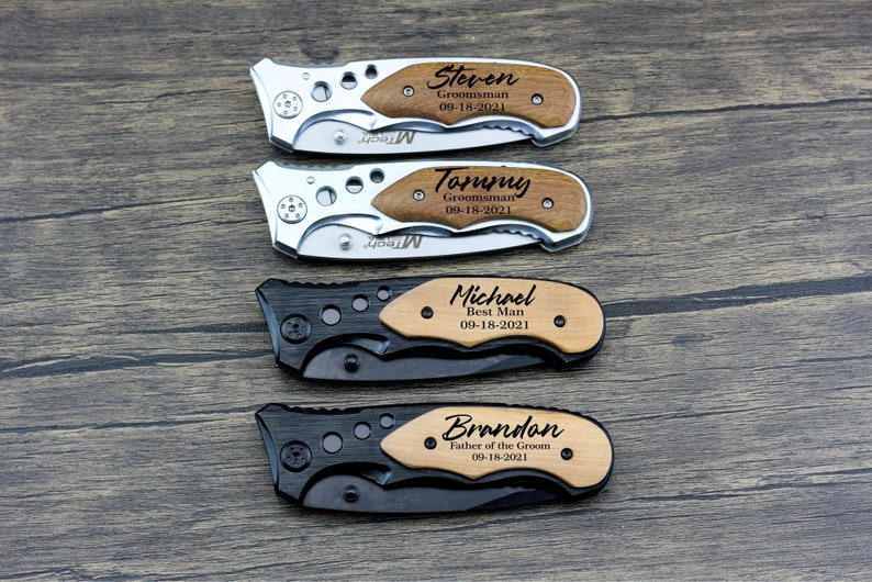 The pocket knife is personalized with name, date and text. It goes with a stainless steel locking blade, aluminum handle, wood overlay. 