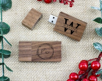 Wedding Flash Drive, Personalized Wooden USB 2.0  Flash Drive, Custom engraved Walnut Wood, Stocking Stuffer, Co worker Gift from Boss