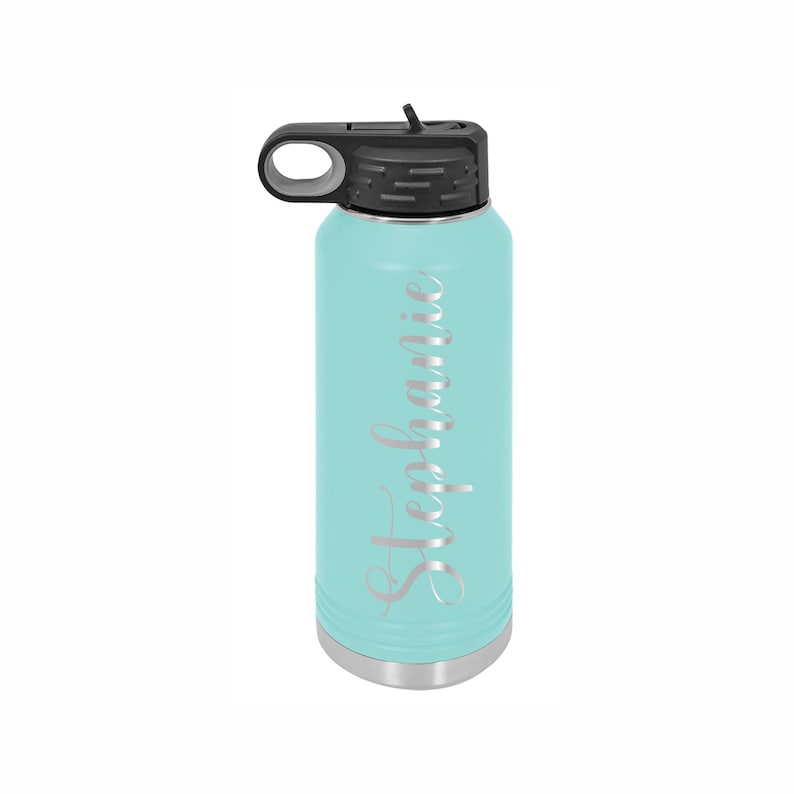 32oz Teal Water Bottle made custom with honey font and the name Stephanie.