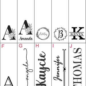 May include: A grid of ten images showing different personalized name designs. The designs include floral wreaths, script fonts, and block letters. Some of the names include Amanda, Ashley, Kevin, Jennifer, Thomas, and Kaycie.