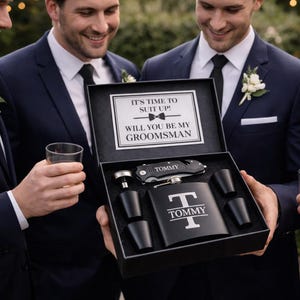 Groomsmen Proposal Gift Set, Personalized Flask set and Knife, Custom Gift Box for Best Man, Ushers & Groomsmen