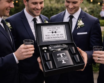 Groomsmen Proposal Gift Set, Personalized Flask set and Knife, Custom Gift Box for Best Man, Ushers & Groomsmen