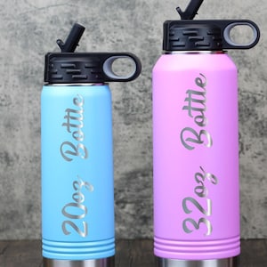 20oz light blue, 32oz light purple and 40oz red water bottles showing the sizes.