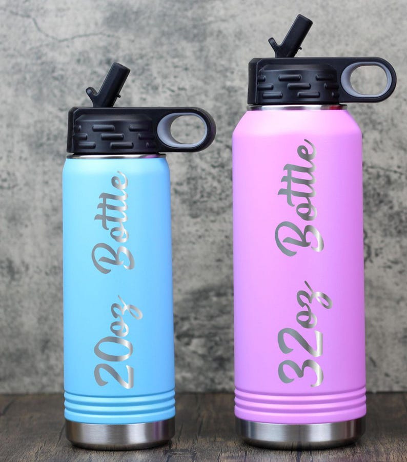 20oz light blue, 32oz light purple and 40oz red water bottles showing the sizes.