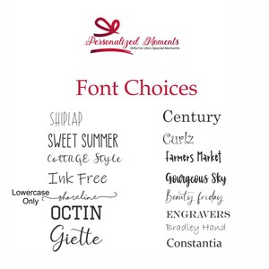 May include: A list of font choices for personalised gifts. The fonts are displayed in black text on a white background. The fonts include Shiplap, Sweet Summer, Cottage Style, Ink Free, Shoreline, Octin, Giette, Century, Curlz, Farmers Market, Gourgeous Sky, Beauty Friday, Engravers, Bradley Hand, and Constantia.