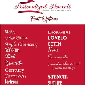 May include: A red background with a list of font options for personalised gifts. The fonts are listed in white text. The fonts include Aloha, Alex Brush, Apple Chancery, Beneath, Birds, Bromello, Century, Cinnamon, Corleone, Daddy's Girl, Engravers, Lovel, Octin, Nora, Sacramento, Shoreline, Stencil, Summer, and Unicorn.