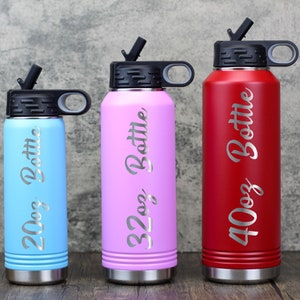 20oz light blue, 32oz light purple and 40oz red water bottles showing the sizes.