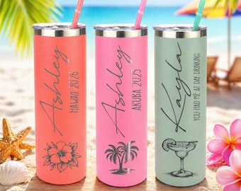 Beach Trip Tumblers with Name | Engraved Vacation Cups | Matching Travel Cups | Custom Skinny Tumbler | Pool & Cruise Drink Cup