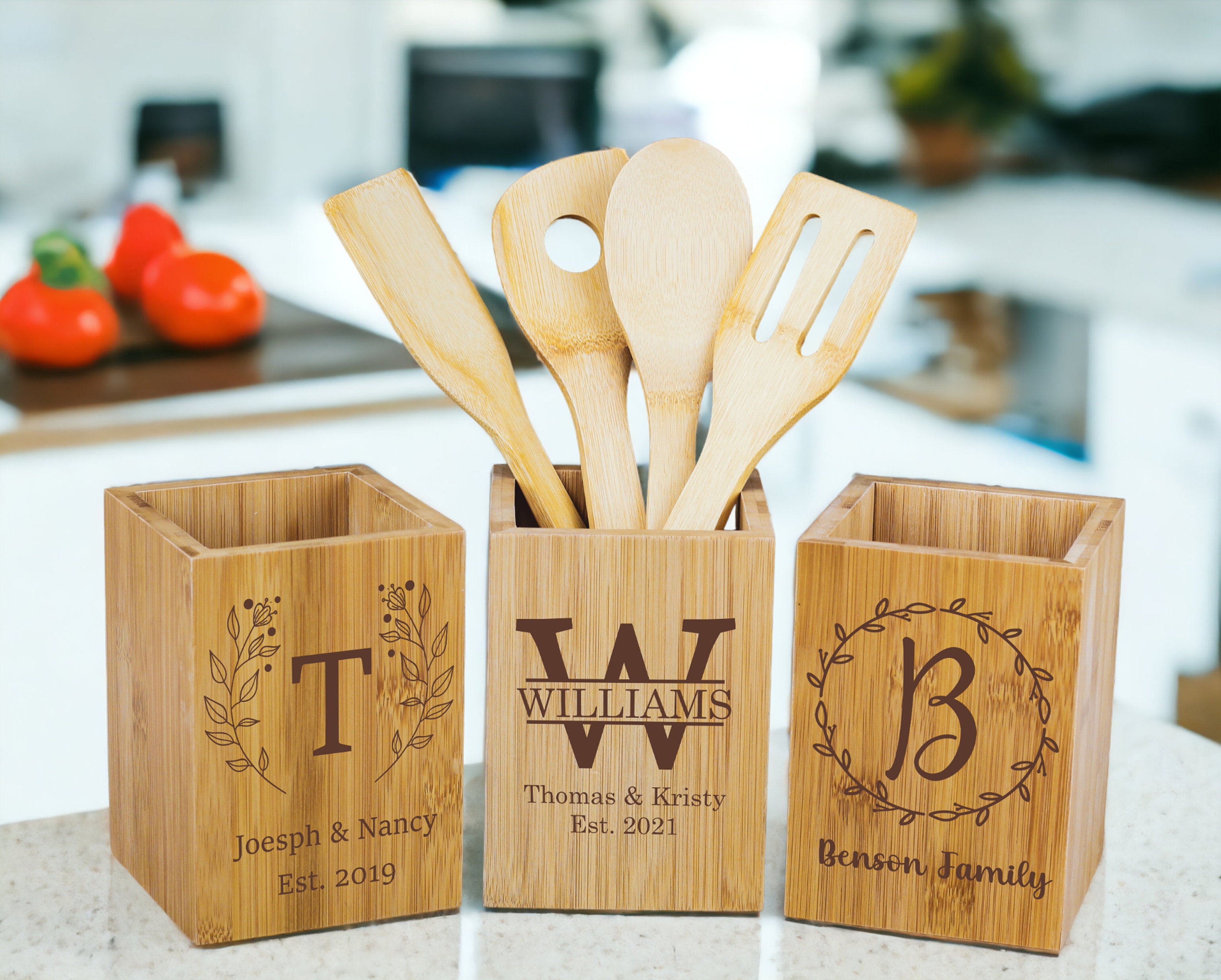 Personalized Ceramic Kitchen Utensil Holder Engraved With A Name utensils  Not Included 