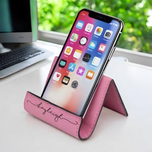 Leather phone stand for desk, personalized iphone holder, tablet stand in multiple colors. Engraved ipad gift for her, iphone stand